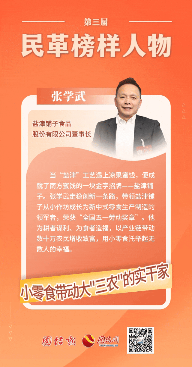 鹽津鋪子董事長(zhǎng)張學(xué)武榮獲「民革榜樣人物」稱(chēng)號(hào)! 鹽津鋪子董事長(zhǎng)張學(xué)武榮獲「民革榜樣人物」稱(chēng)號(hào)!